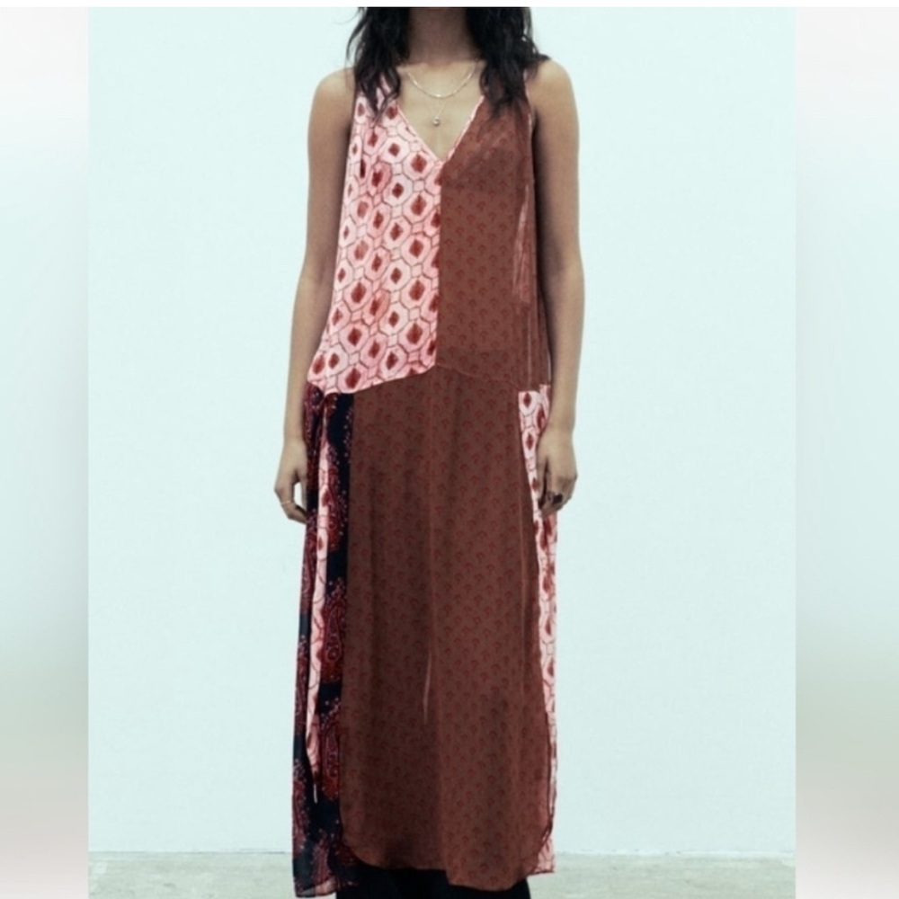 NWOT Zara Asymmetrical Dress in Brown and Pink L